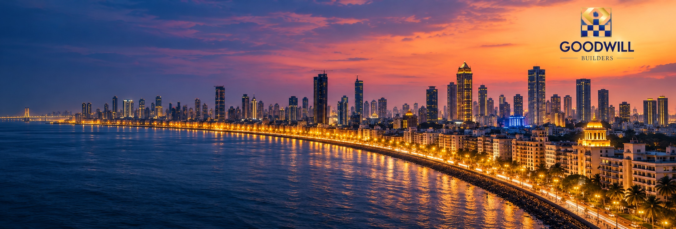 Marine Drive skyline at sunset, Mumbai
